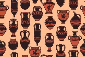 Seamless pattern with different amphorae. Vector graphics.