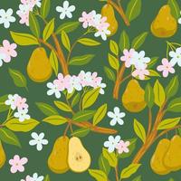 Seamless pattern with pears on the branches. Vector graphics.