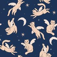 Seamless pattern of cats with wings on the night sky. Vector graphics.