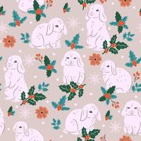 Winter seamless pattern with rabbits, snowflakes and holly. Vector graphics.