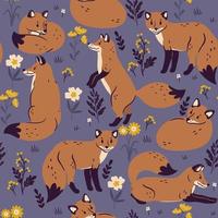 Seamless pattern with cute foxes in the meadow. Vector graphics.