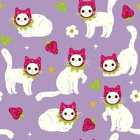 Seamless pattern with strawberry cats. Vector graphics.