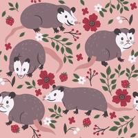 Seamless pattern with cute opossums, flowers and berries. Vector graphics.
