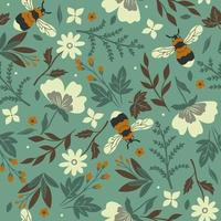 Seamless pattern with bees, flowers and leaves. Vector graphics.