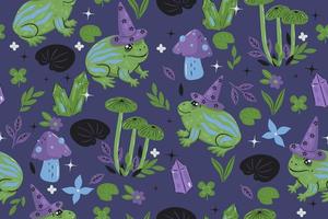 Seamless pattern with magic toads in hats. Vector graphics.