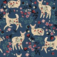 Seamless pattern with deers and flowers. Vector graphics.