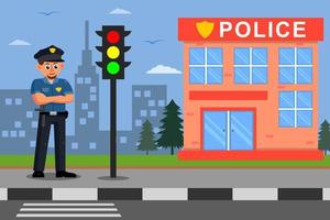 policeman standing in front of police station cartoon illustration vector