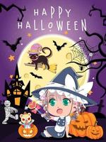 lindo personaje de dibujos animados o chibi para halloween night pro vector