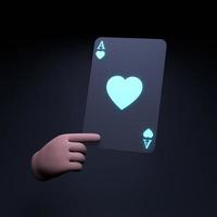 The hand holds a neon game card. Concept of casino, poker. 3d render illustration. photo