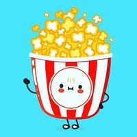 Cute funny popcorn waving hand character. Vector hand drawn cartoon kawaii character illustration icon. Isolated on blue background. Popcorn character concept