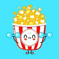 Cute funny popcorn character with dumbbells. Vector hand drawn cartoon kawaii character illustration icon. Isolated on blue background. popcorn character gym concept