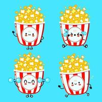 Funny cute happy popcorn characters bundle set. Vector hand drawn doodle style cartoon character illustration icon design. Cute popcorn mascot character collection
