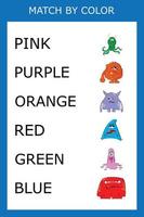 Connect the name of the color and the character of the monster. Logic game for children. vector