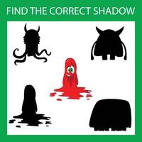 Find correct shadow with colorful monsters.  Kids educational game. vector