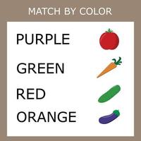 Connect the name of the color and the character of the vegetables. Logic game for children. vector