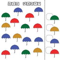 How many counting game with colorful umbrella. Preschool worksheet, kids activity sheet, printable worksheet vector