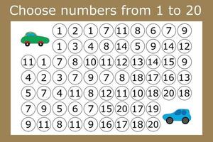 Counting maze for kids. A fun game, a mathematical puzzle with the selection of numbers from 1 to 20 in the correct order vector