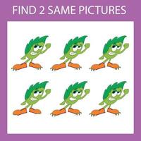 Find a pair game with funny  green  monsters.  Worksheet for preschool kids, kids activity sheet, printable worksheet vector