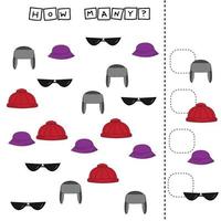 How many counting game with colorful hat and sunglasses. Preschool worksheet, kids activity sheet, printable worksheet vector