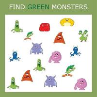 Find the green monster character among others. Looking for green. Logic game for children. vector