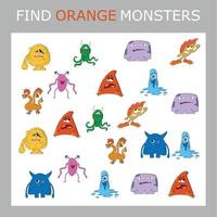 Find the  orange monster character among others. Looking for orange. Logic game for children. vector