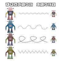 Trace line worksheet with robots for kids, practicing fine motor skills.  Educational game for preschool children. vector