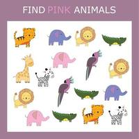 Educational activity for kids, find the pink animal among the colorful ones. Logic game for children. vector