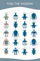 Funny multicolored robot. Find the correct shadow. Educational game for children. vector