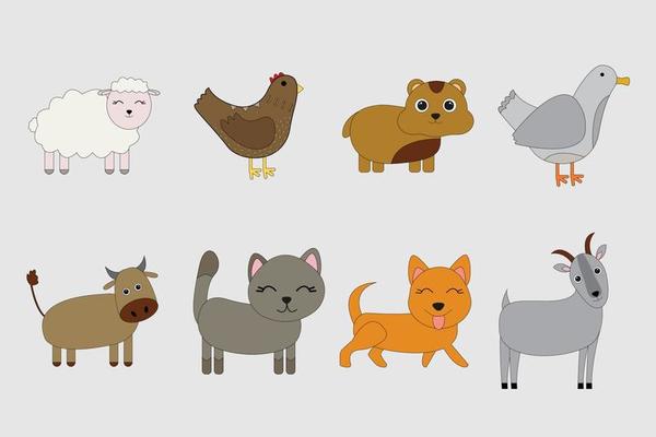 Cute cartoon pets. Set of dog, cat, cow, sheep, chicken, duck, goat, hamster
