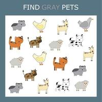 Educational activity for kids, find the gray animal among the colorful ones. Logic game for children.