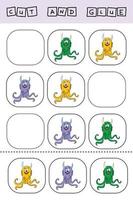 worksheet vector design, the task is to cut and glue a piece on colorful  monsters.  Logic game for children.