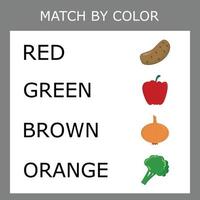 Connect the name of the color and the character of the vegetables. Logic game for children. vector