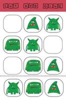 worksheet vector design, the task is to cut and glue a piece on colorful  monsters.  Logic game for children.