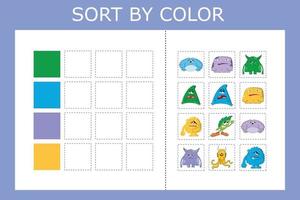 Connect the name of the color and the character of the monster. Logic game for children. vector