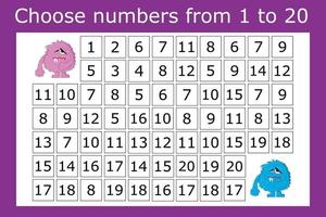 The task is to go through a maze of numbers from 1 to 20. Educational exercises for preschool children vector