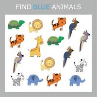 Educational activity for kids, find the blue animal among the colorful ones. Logic game for children. vector