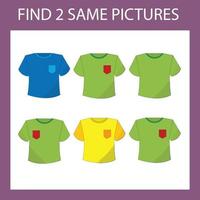 Find a pair game with colorful t shirt.  Worksheet for preschool kids, kids activity sheet, printable worksheet vector