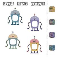 Cut out and glue the part of the robot to its pair.Preschool worksheet, kids activity worksheet, printable worksheet vector
