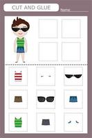 worksheet vector design, the task is to cut and paste the clothes from the sample. Logic game for children.