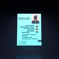 Resume neon icon on black background. 3d render illustration. photo