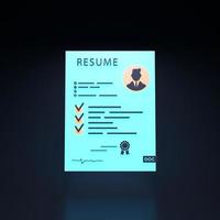 Resume neon icon on black background. 3d render illustration. photo