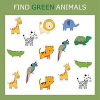 Educational activity for kids, find the green animal among the colorful ones. Logic game for children. vector