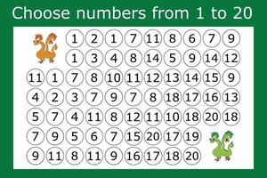 The task is to go through a maze of numbers from 1 to 20. Educational exercises for preschool children vector