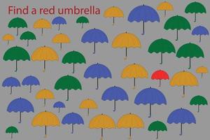 Find the red umbrella among the others. Preschool worksheet, worksheet for kids, printable worksheet vector