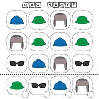 How many counting game with  hat,panama,sunglasses Preschool worksheet, kids activity sheet, printable worksheet vector