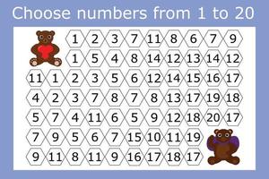 Counting maze for kids. A fun game, a mathematical puzzle with the selection of numbers from 1 to 20 in the correct order vector