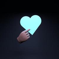 una mano sostiene un corazón de neón sobre un fondo negro. foto