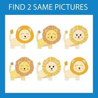 Find a pair game with funny  orange lions.  Worksheet for preschool kids, kids activity sheet, printable worksheet vector