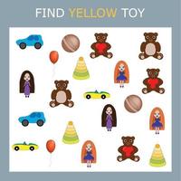 Find yellow toys. Preschool worksheet, worksheet for kids, printable worksheet vector