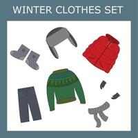 Children's seasonal clothes. Season of clothing for winter. Cartoon children's seasonal winter clothes. vector